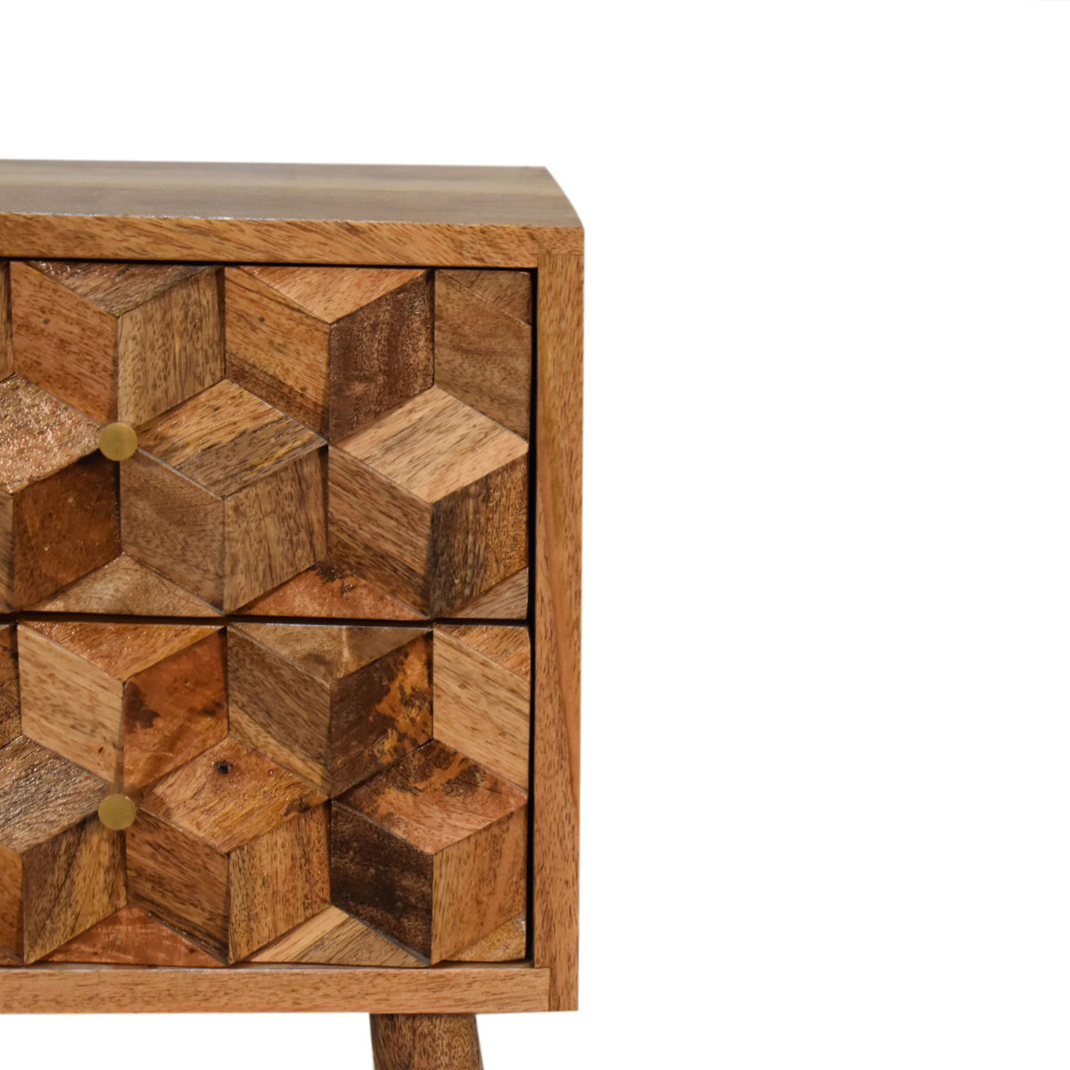 Mini Cube Bedside with Carved Drawers - Oak-ish Finish