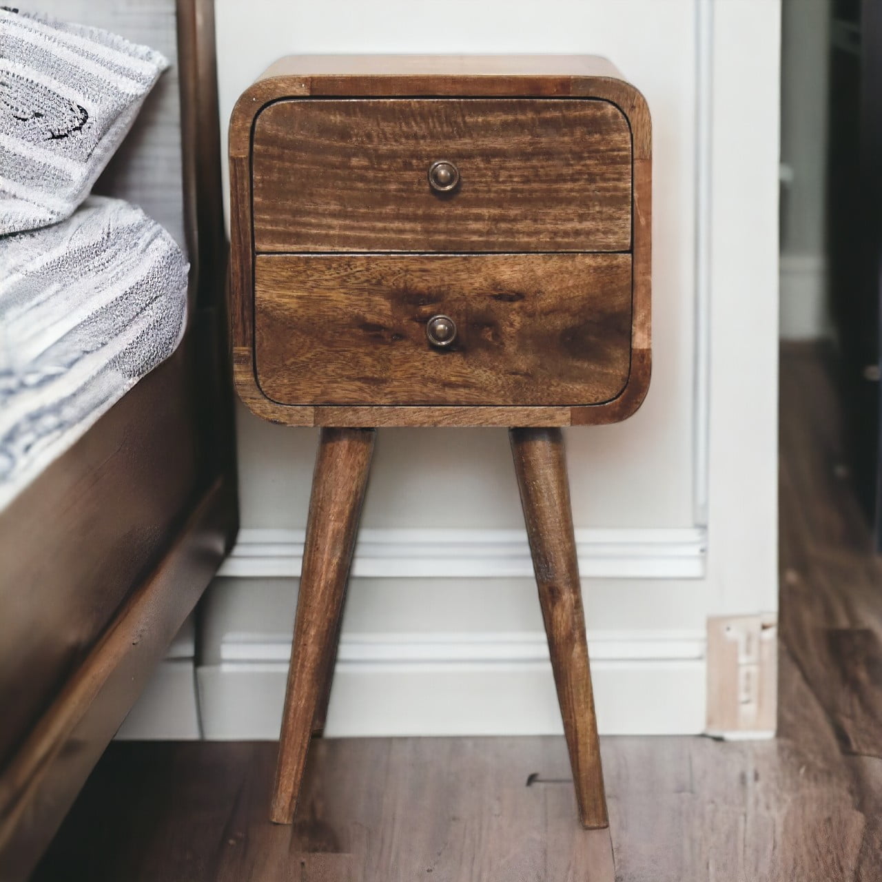 Mini Curved Grey Washed Bedside Table - 2 Drawers