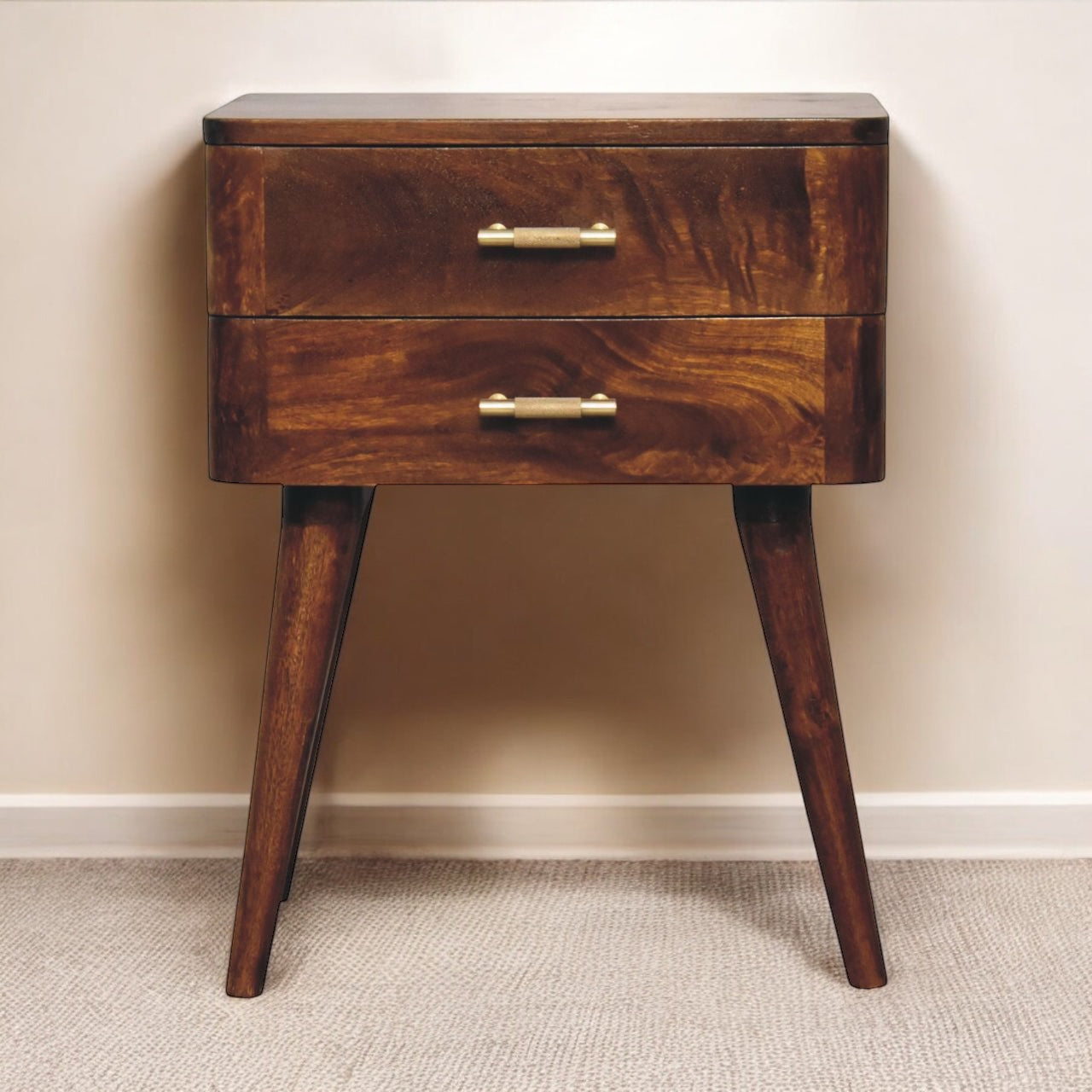 Chestnut T-Bar Nordic Bedside Table / Mango Wood