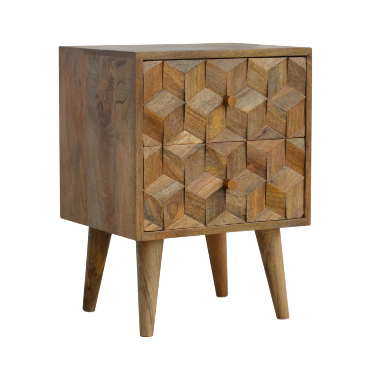 Chestnut Cube Carved Bedside / Oak-Ish Finish