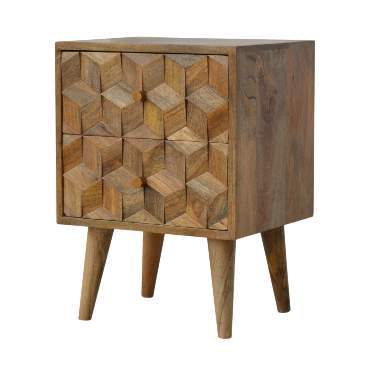 Chestnut Cube Carved Bedside / Oak-Ish Finish