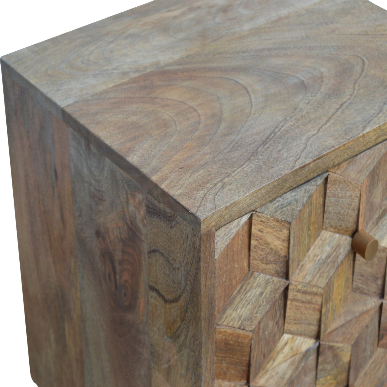 Chestnut Cube Carved Bedside / Oak-Ish Finish